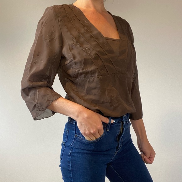Bohemian Brown Embroidered Chiffon 3/4 Sleeve Top - Picture 12 of 14